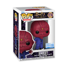 Vinyl collectible figure with red demon face and blue suit, arms out, special edition box