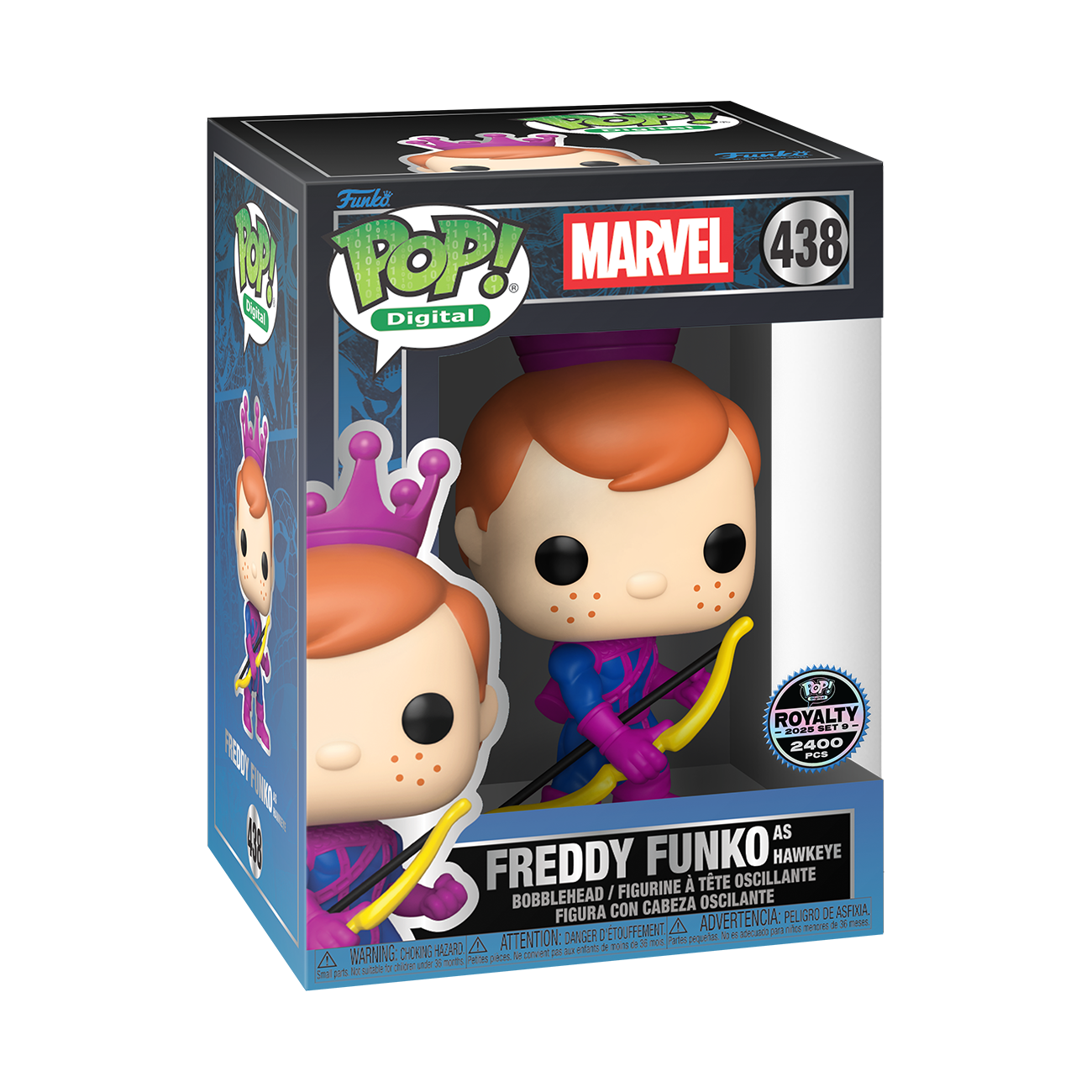 Funko Pop! Digital Freddy Funko as Hawkeye boxed figure, orange hair and purple suit
