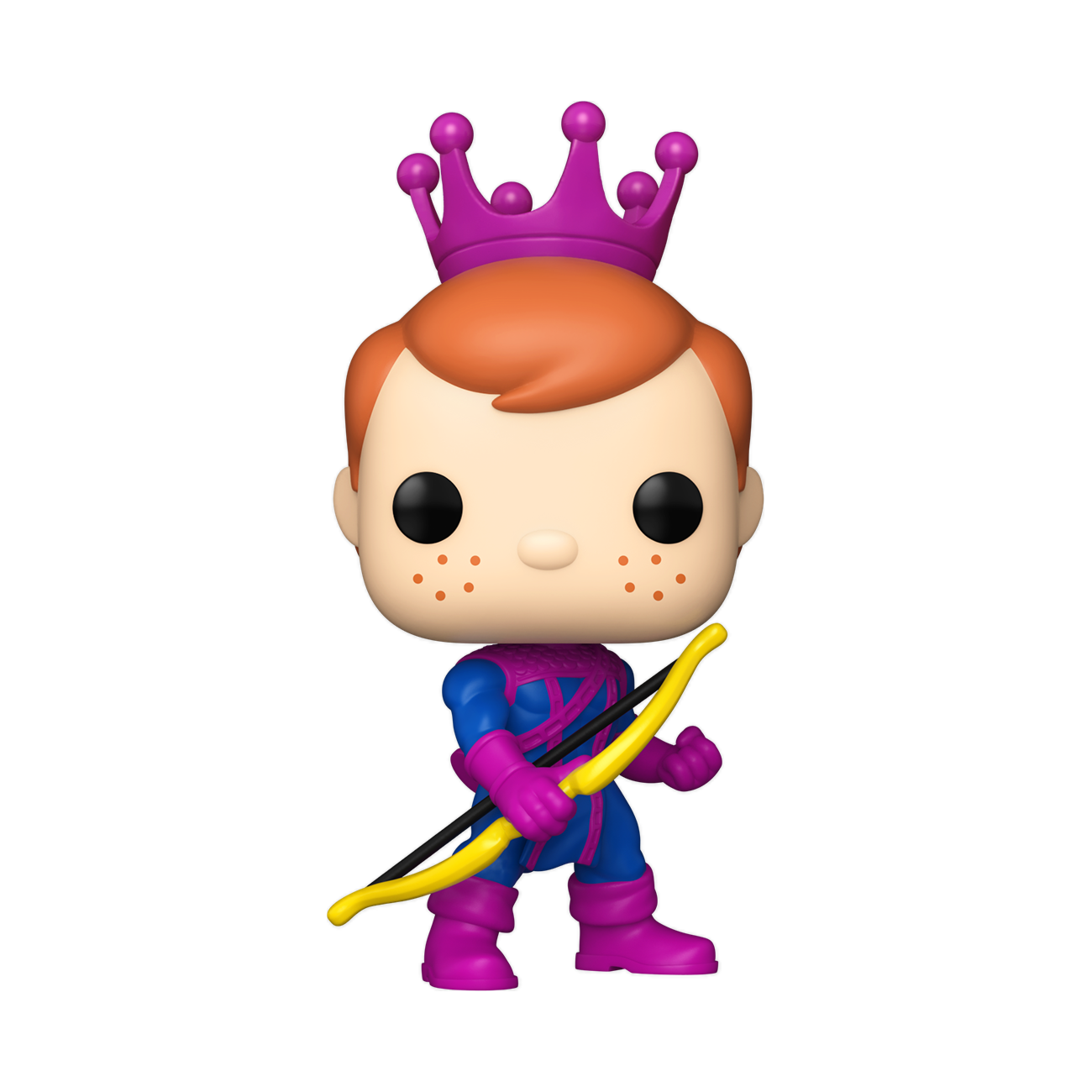 Freddy Funko as Hawkeye Funko Pop figure, purple crown and gold arrow