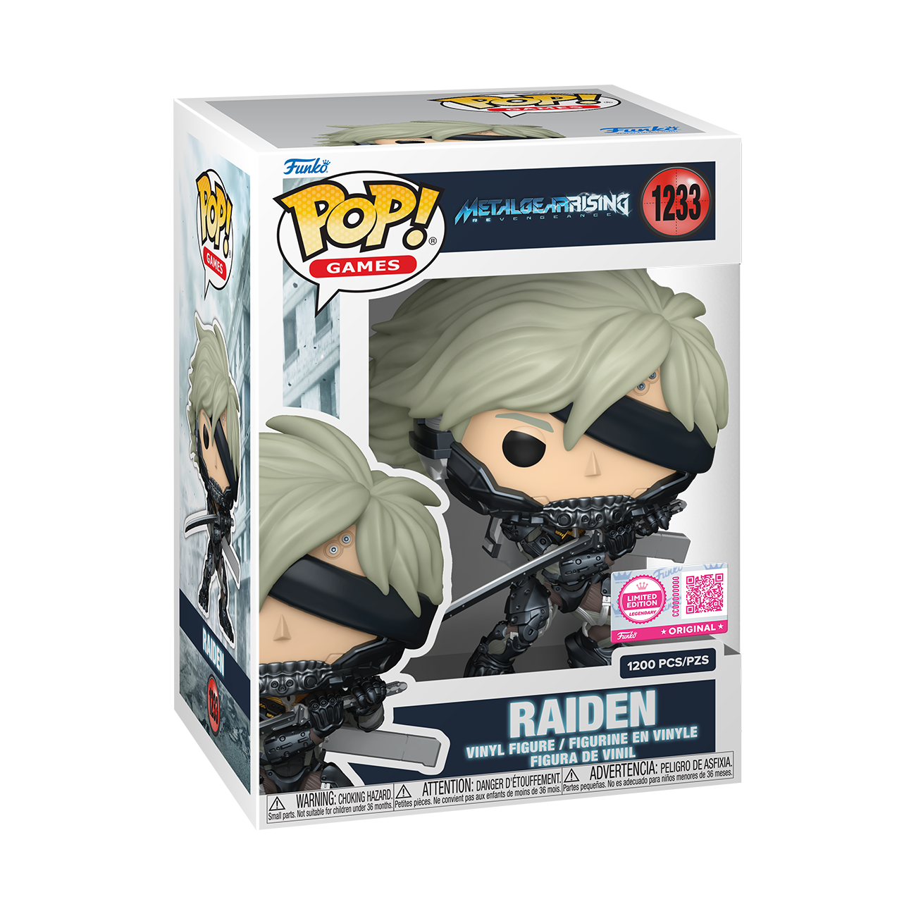 Vinyl action figure of Raiden in black armor and pale green hair, in retail box