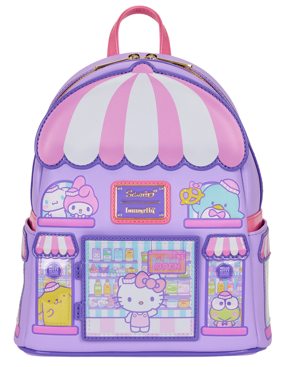 Purple backpack with pink canopy and Hello Kitty design, featuring a small Hello Kitty figure.