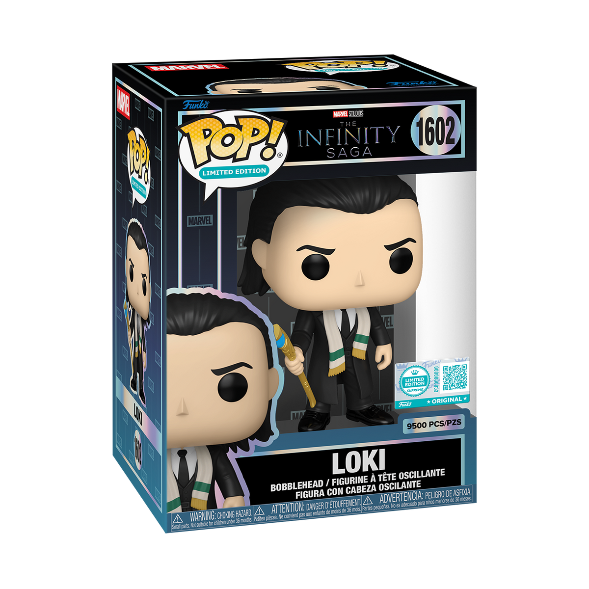 Boxed vinyl collectible figure of Loki holding a gold sceptre, Limited Edition 1602