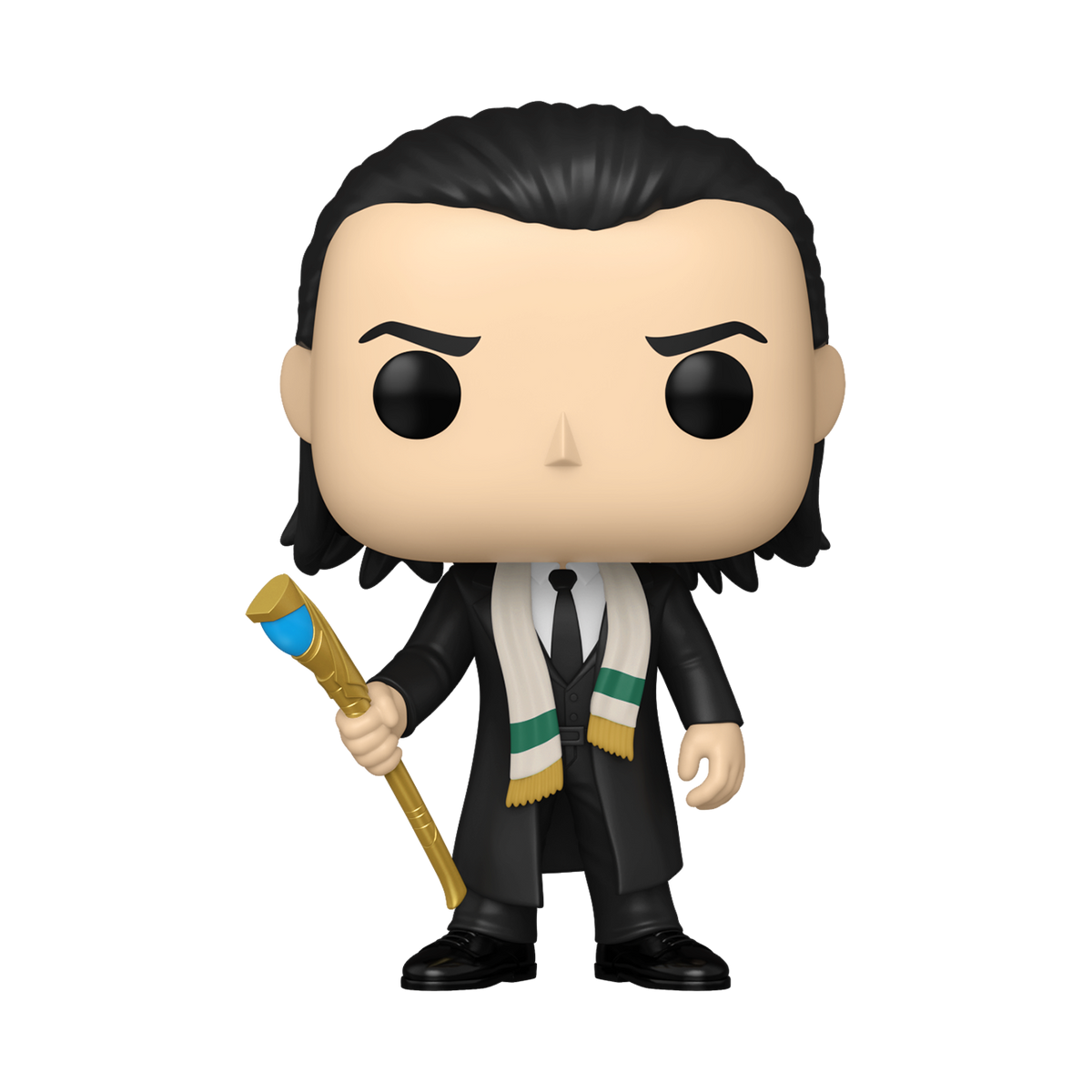 Vinyl Loki figure standing with a gold sceptre and green scarf