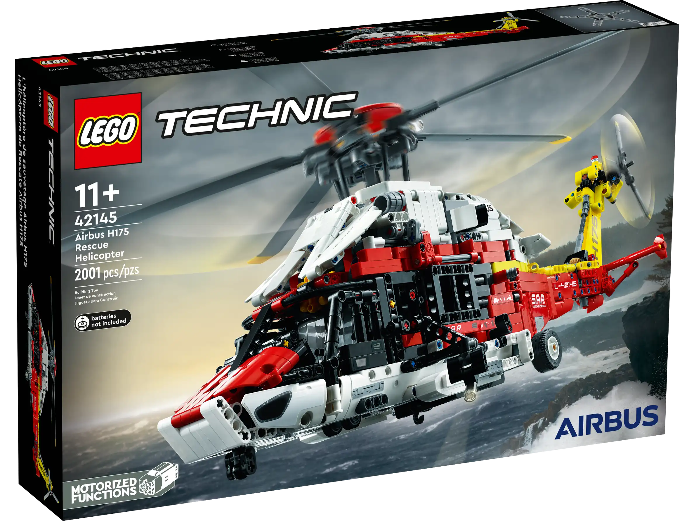 LEGO Technic Airbus H175 Rescue Helicopter toy set packaging featuring the model helicopter in red and white colors with rescue equipment.