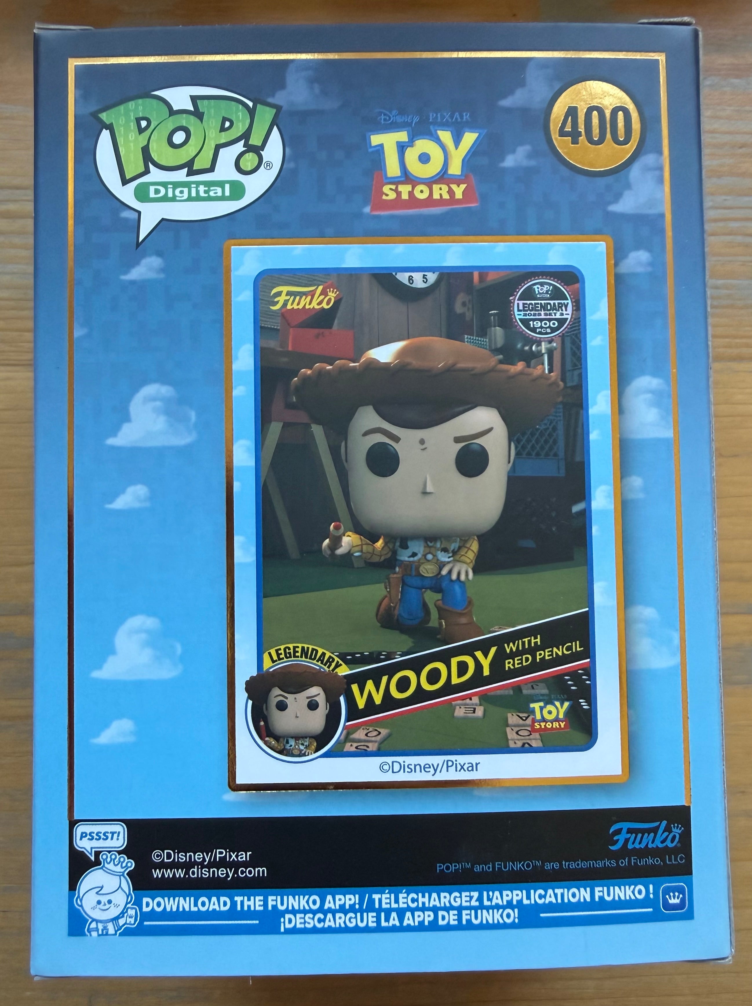 Woody Funko Pop box front with clear window, Woody holding a red pencil