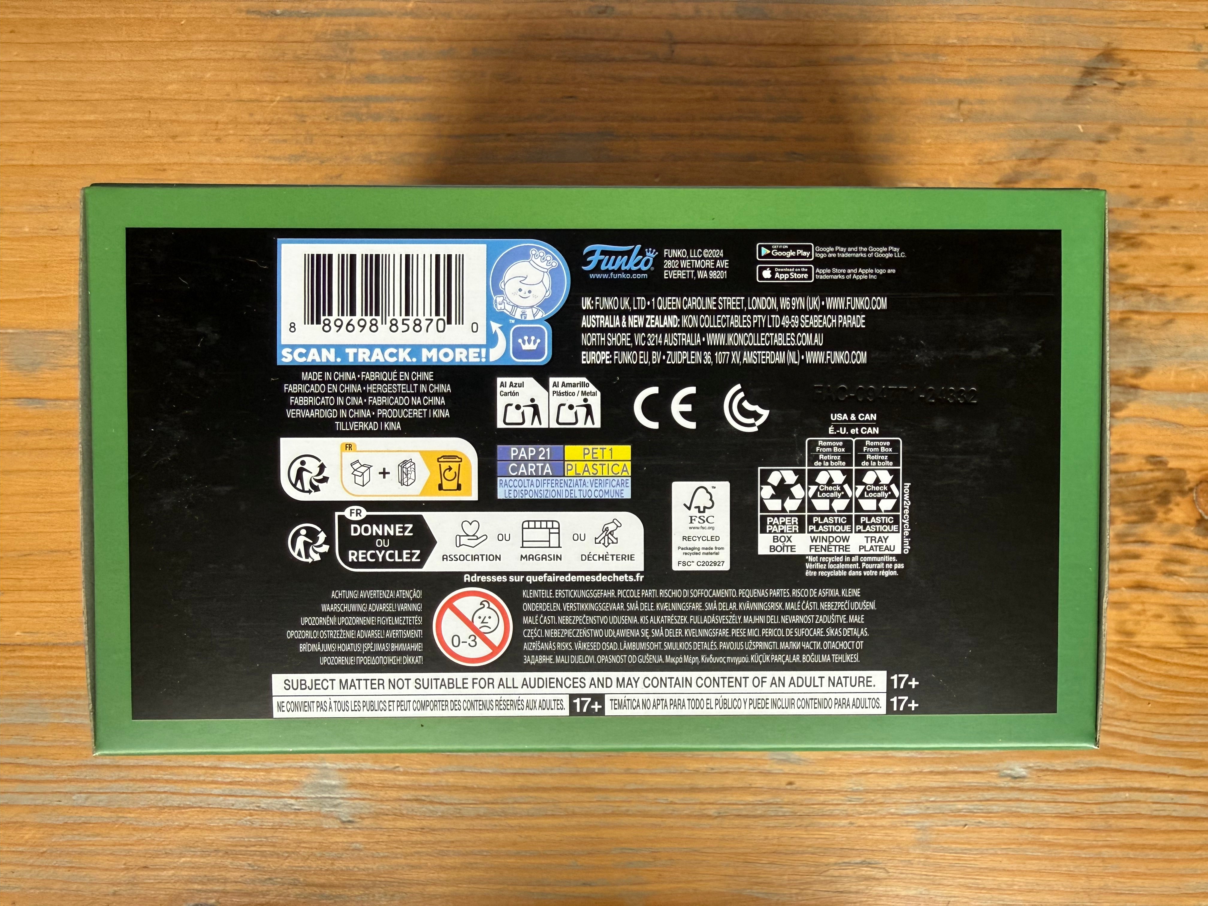 Funko Pop! Digital figure box back with barcode, recycling icons, and compliance labels