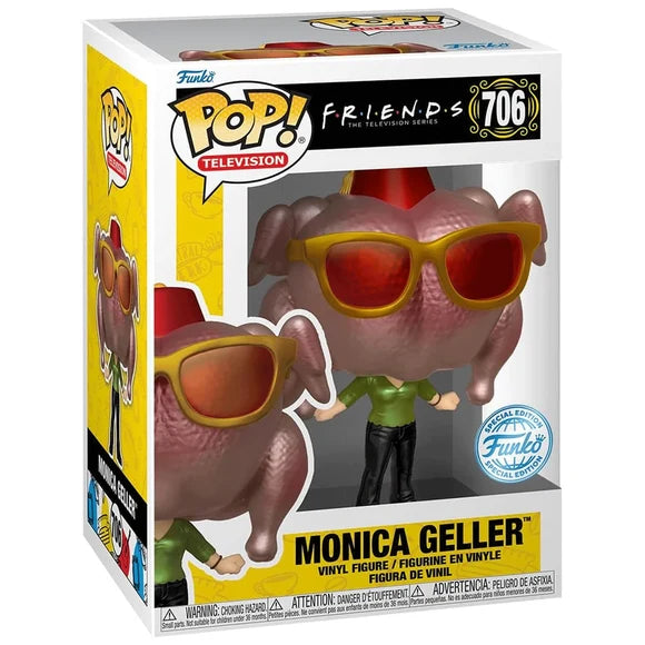 Funko Pop! box for Monica Geller turkey figure, red goggles and green top in window