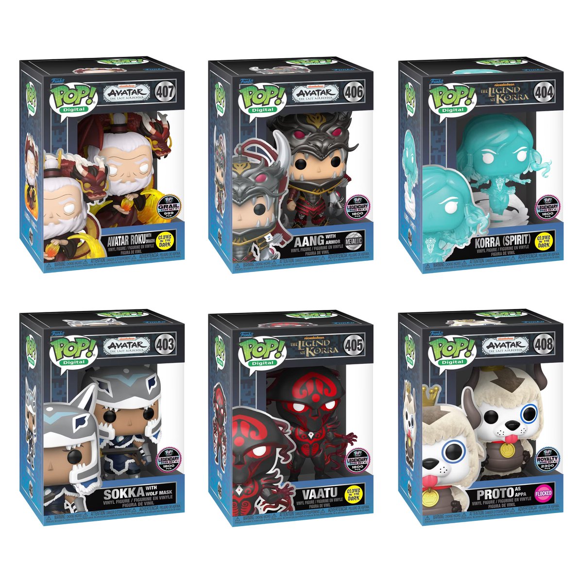 Set of six Funko Pop! Avatar: The Last Airbender action figures in packaging on a white background