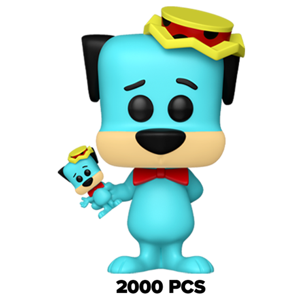 Light blue vinyl dog figure with yellow cap and red bow tie holding a small accessory