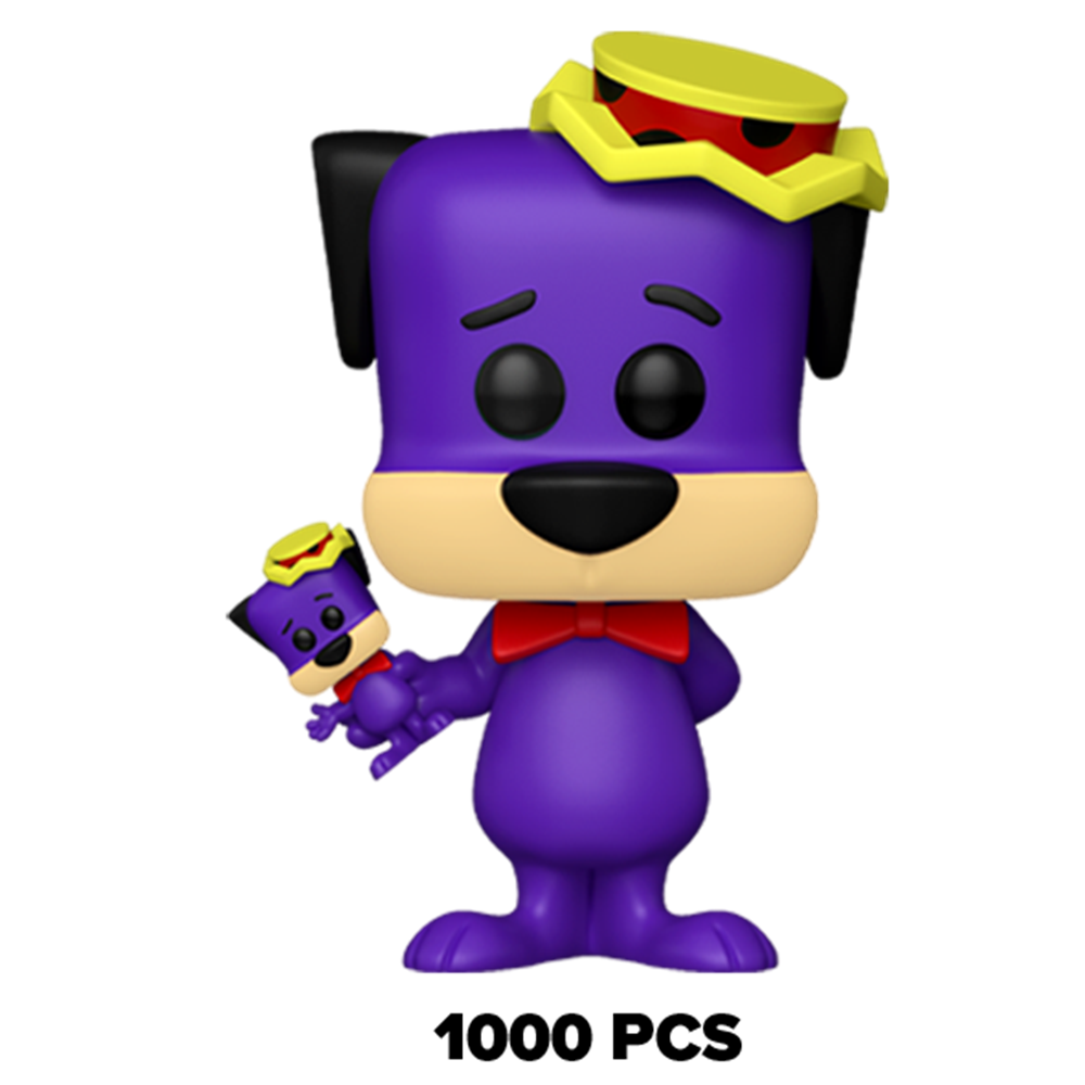 Purple vinyl dog figure with yellow cap and red bow tie holding a small accessory