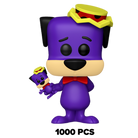 Purple vinyl dog figure with yellow cap and red bow tie holding a small accessory
