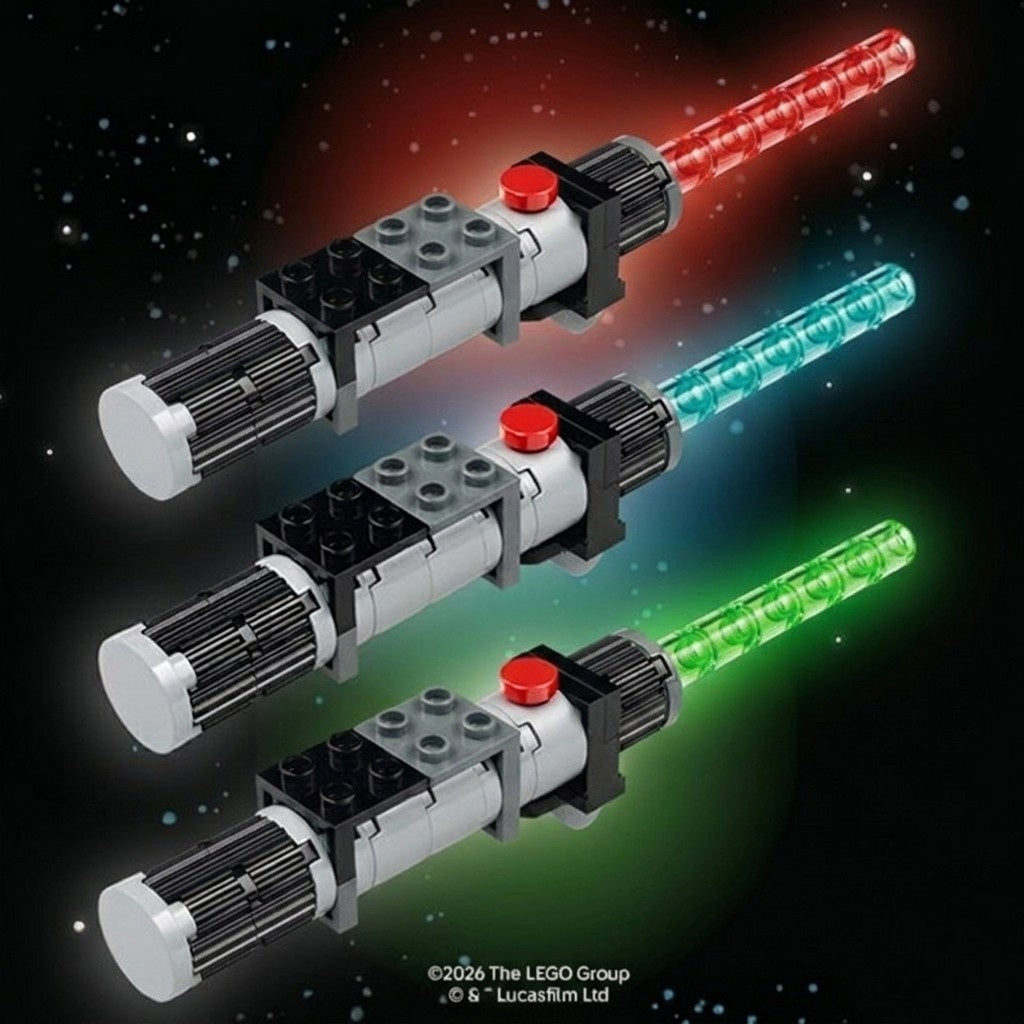Three LEGO lightsabers with red, green, and blue blades on a dark background.