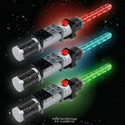 Three LEGO lightsabers with red, green, and blue blades on a dark background.