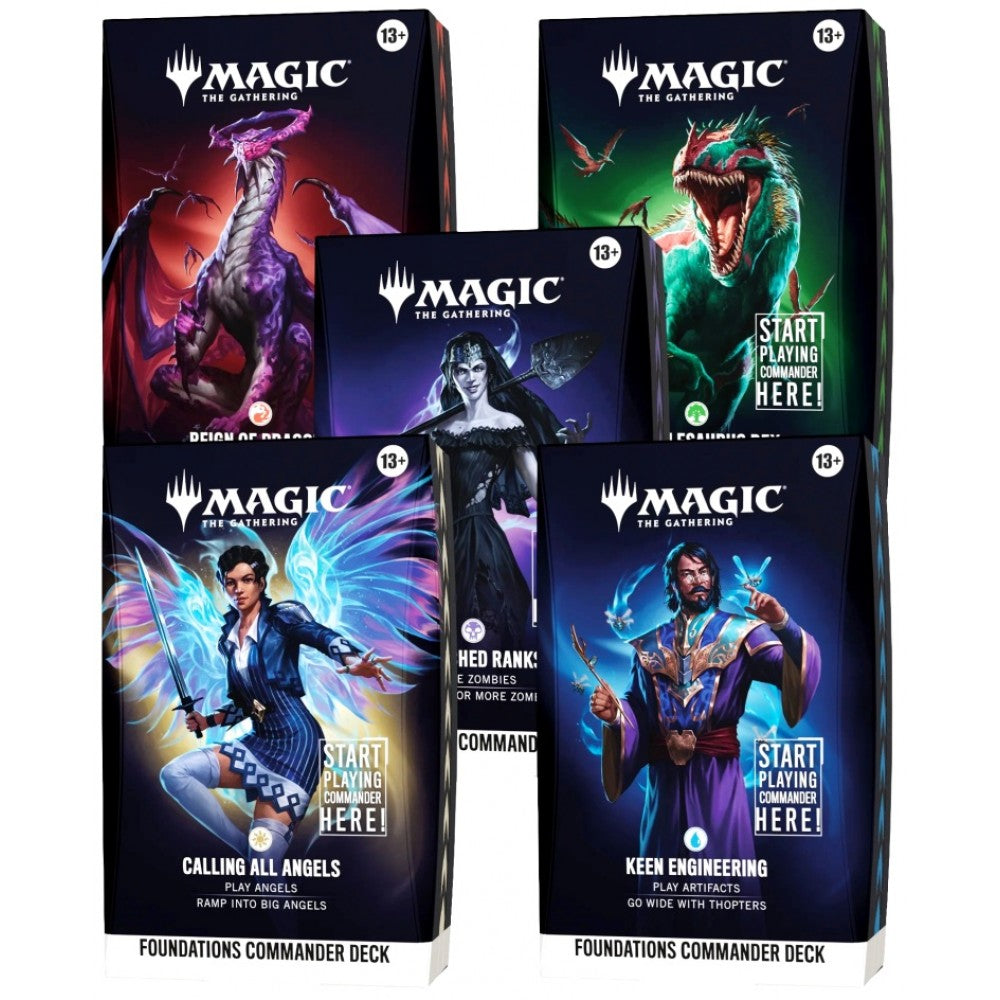 Set of 5 Magic: The Gathering Foundations Commander deck boxes, assorted artwork