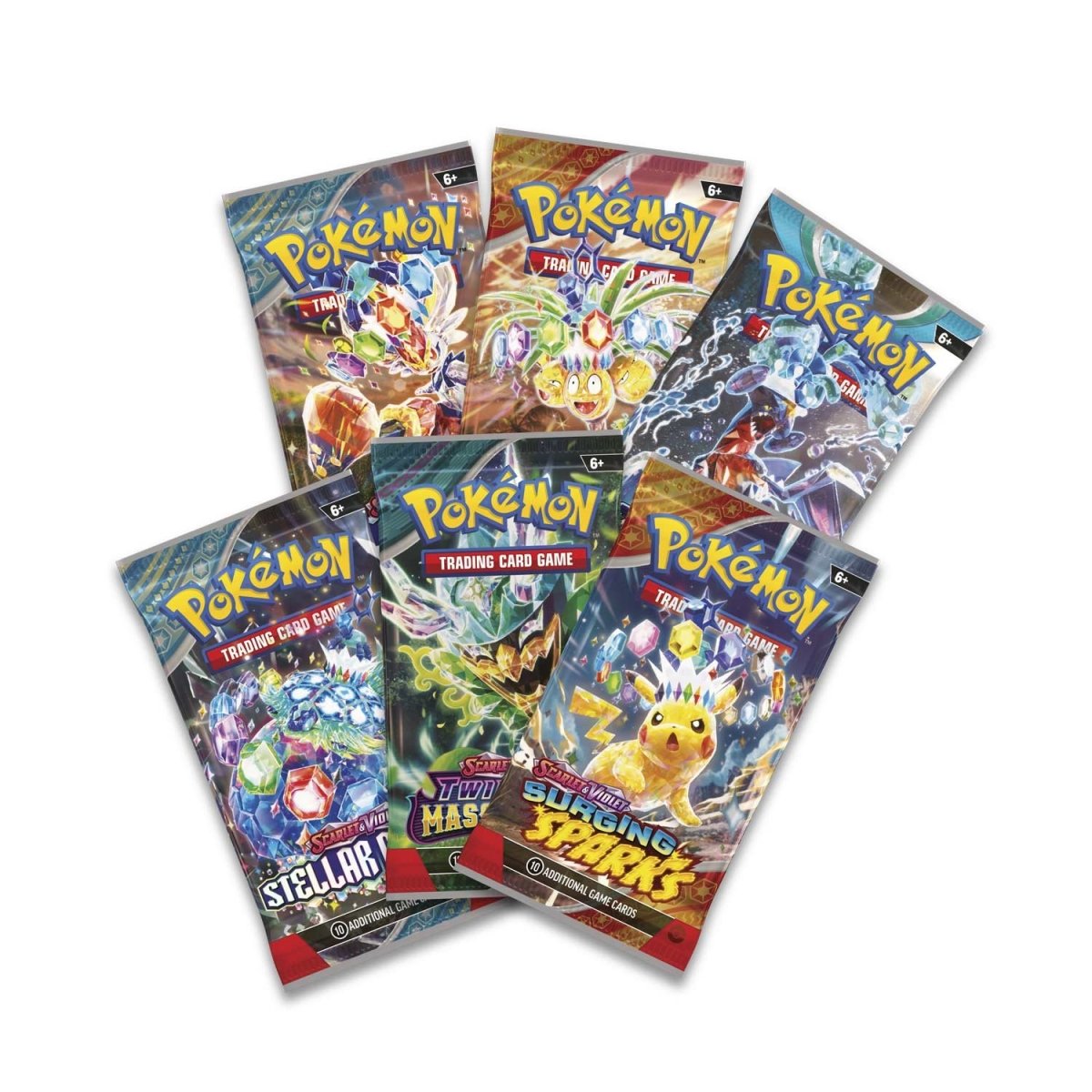 Pokémon TCG sealed English booster packs, assorted card themes and characters