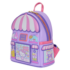 Hello Kitty bakery bag side view in purple with gold zipper trim and shop icons
