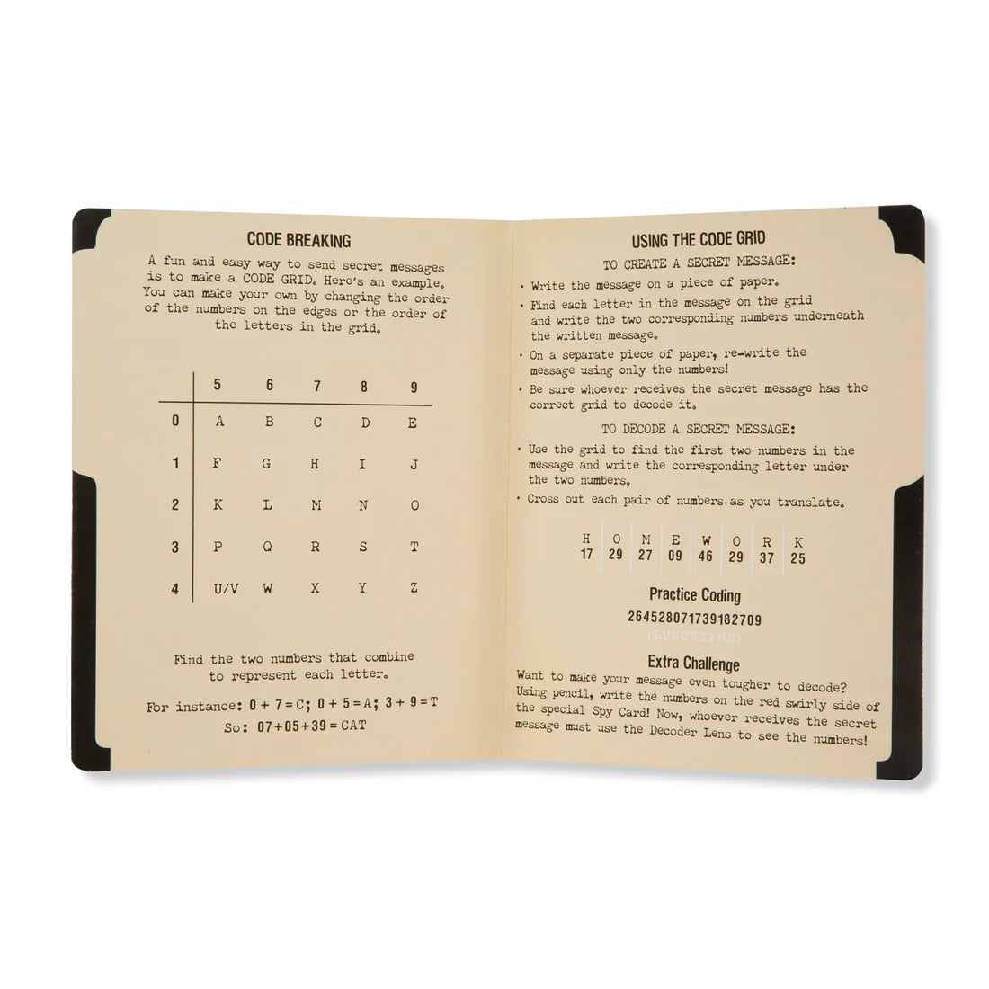 Spy code-breaking instruction booklet with code grid and practice questions