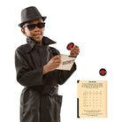 Kids dark spy costume with fedora hat, sunglasses, and secret code card