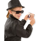 Kids dark spy coat with fedora hat and sunglasses, holding secret code card