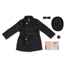 Kids black spy costume coat with belt, buttons, and mock lapel collar