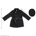 Black spy costume coat with belt and long sleeves, plus matching fedora hat