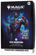 Magic Foundations Keen Engineering starter commander deck box with character art and Start Playing Here panel