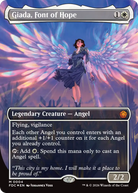 Magic: The Gathering trading card 'Giada, Font of Hope' from the Fates of Order in Time set. The card features an illustration of an angel with large, glowing pink and blue wings, wearing a dark blue dress.