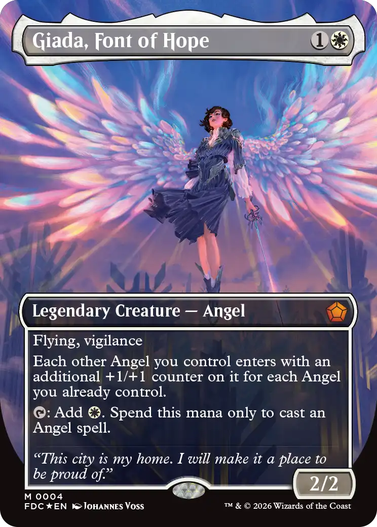 Magic: The Gathering trading card 'Giada, Font of Hope' from the Fates of Order in Time set. The card features an illustration of an angel with large, glowing pink and blue wings, wearing a dark blue dress.