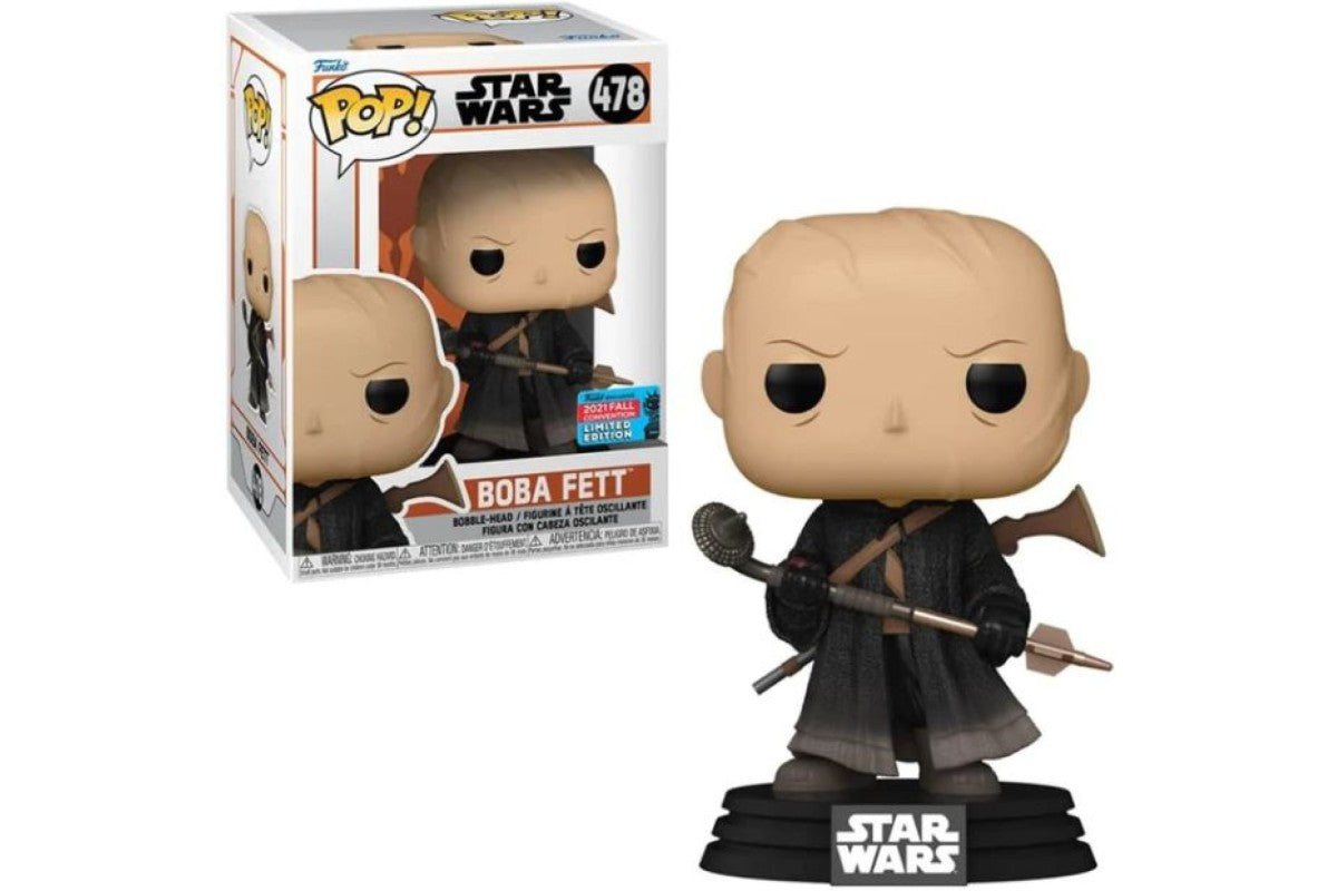 Funko Pop Star Wars Boba Fett vinyl figure in box, tan head, dark robes, blaster