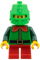 LEGO Christmas elf minifigure with green castle-helmet, red legs, yellow hands