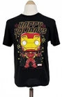 Black unisex t-shirt with Iron Man Happy Holidays character graphic on front