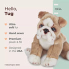 Tan and white bulldog plush with large eyes, seated pose, soft plush stuffing