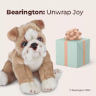 Tan and white bulldog plush sitting upright, floppy ears and friendly face