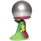 Glow-in-the-dark action figure side view, silver helmet, green suit, magenta cape, green base