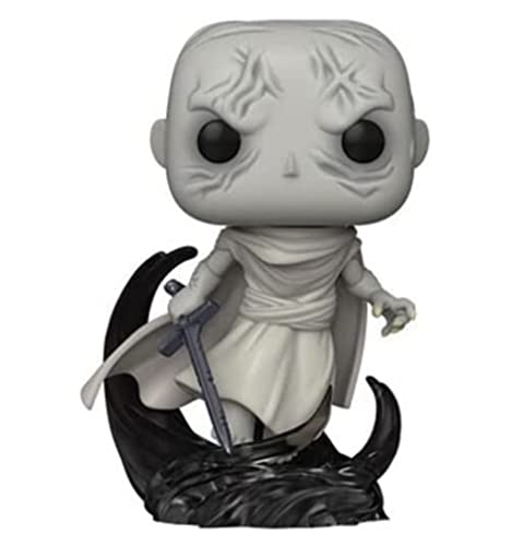 Collectible vinyl figure with gray head, light wrap, black cape, holding sword