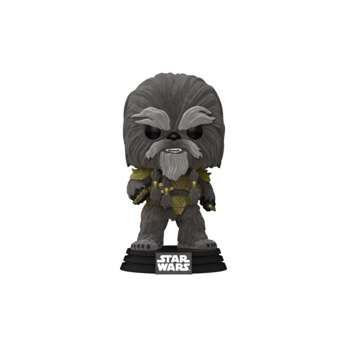 Krrsantan flocked vinyl figure, dark gray fur, gold harness and outfit, on round base
