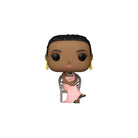 Funko POP! Icons vinyl figure, black hair, smiling, pink dress, raised microphone hand