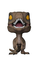 Brown velociraptor vinyl figure with open mouth and yellow eyes, front view