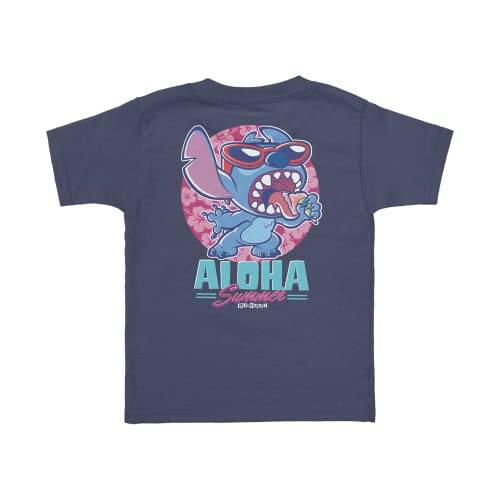 Navy kids T-shirt with large Stitch "Aloha Summer" graphic on the back