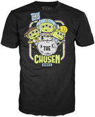 Black graphic T-shirt with alien Buzz-style character print, crew neck