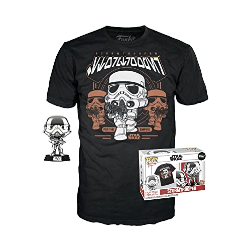 Black short-sleeve T-shirt with Stormtrooper graphic, plus vinyl figure and box