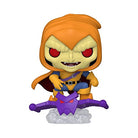 Orange hooded vinyl figure with red eyes, blue vest, and purple blasters.
