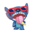 Blue vinyl Stitch mini figure with red sunglasses, open mouth, and white teeth