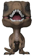 Brown velociraptor vinyl figure close-up with open mouth, yellow eyes