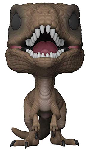 Brown velociraptor vinyl figure close-up with open mouth, yellow eyes