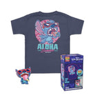 Navy kids T-shirt with Stitch "Aloha Summer" graphic; includes vinyl pocket figure