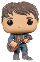 Jaskier vinyl figure with dark hair, holding brown guitar, blue jacket and jeans