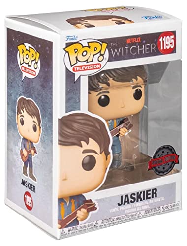 Boxed vinyl Jaskier figure with brown guitar, blue jacket and jeans