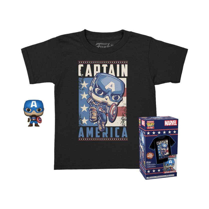 Kids black T-shirt with Captain America graphic and pocket POP! vinyl figure
