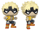 Fat Gum vinyl figure from two angles, blond hair, yellow jacket, dark face, orange boots